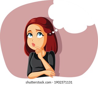 Funny Girl Thinking Having an Idea. Woman daydreaming planning and looking for inspiration
