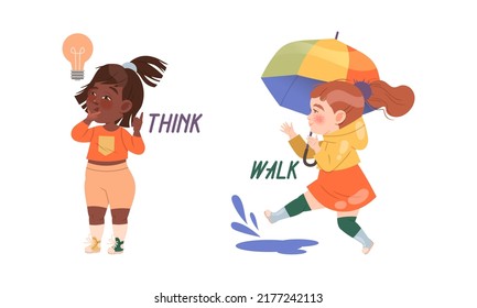Funny Girl Thinking with Lightbulb and Walking with Umbrella Stepping in Puddle Demonstrating Verb Vector Set