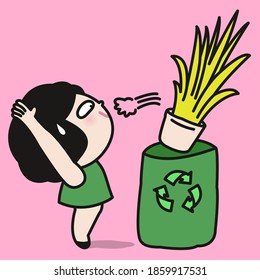 Funny Girl Throwing Away The Nearly Dead Plants Into Recycle Bin. Earth Day Concept Card Character illustration