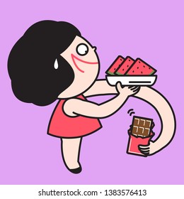 Funny Girl Trying To Focus On Healthy Plate Of Watermelon In Hand But Her Other Long Arm And Hand Holding A Chocolate Bar. Concept Of Hopeless Weight Watcher Card Character illustration