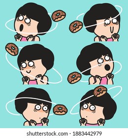 Funny Girl Trying Not To Think About Donut. Sugar Addiction Concept Card Characetr illustration