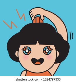 Funny Girl Turning Dial On Her Radio Head Concept Card Character illustration