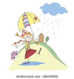 Funny Girl with Umbrella. Vector
