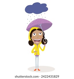 Funny girl with an umbrella and yellow raincoat raining outside. Vector Illustration