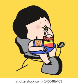 Funny Girl Unconciously Eating Unhealthy Chips And Bubble Milk Tea While Training On Bike In Gym. Fitness Lifesyle Woman Enjoying Food On Bicycle Doing Spinning At Sport Club. Hopeless Weight Watcher 