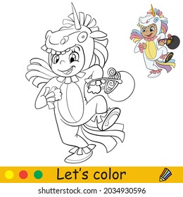 Funny girl in unicorn costume. Halloween concept. Coloring book page for children with colorful template. Vector cartoon illustration. For print, preschool education and game