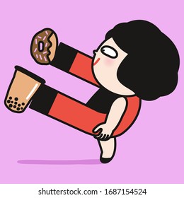 Funny Girl Using A Giant Magnet To Attract Sugary Treats Concept Card Character illustration