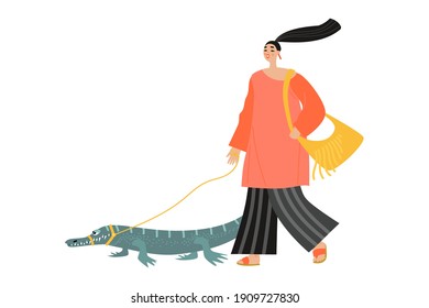 Funny girl walks with a crocodile on a leash. Cartoon illustration in flat style