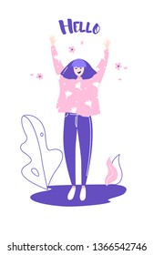 Funny girl walks in nature. Vector banner in flat linear style.