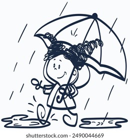 A funny girl walks through puddles with an umbrella. Outline drawing