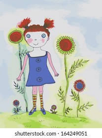 Funny Girl. Watercolor illustration, vector format. 