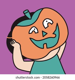 Funny Girl Wearing Halloween Pumpkin Facemask Concept Card Character illustration
