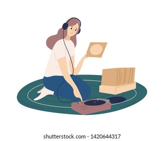 Funny girl wearing headphones putting vinyl records into turntable and listening to music. Cute young woman spending time at home and enjoying her hobby. Flat cartoon colorful vector illustration.