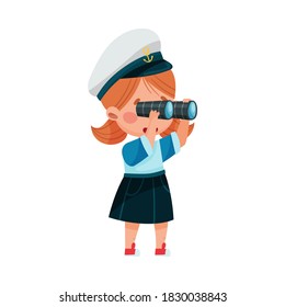 Funny Girl Wearing Mariner Costume and Forage Cap Looking in Binocular Vector Illustration