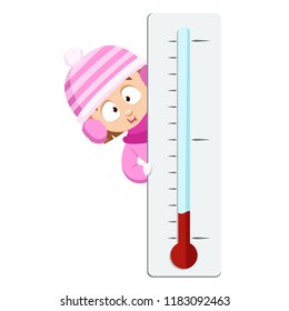 Funny girl wearing winter clothing standing with big thermometer. Happy girl in wool winter hat and mittens. Meteorological thermometer shows cold temperature. Weather forecast vector illustration.