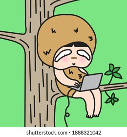 Funny Girl Who Is Wearing Outfit Similar To Sloth And Imitating Its Poses, Working On Laptop While Sitting On A Tree Concept Card Character illustration