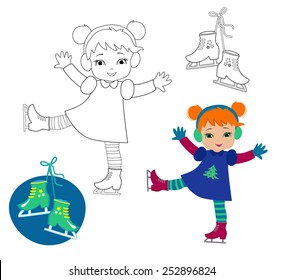 Funny girl in winter clothes on skates isolated on a white background. Coloring pages.Great illustration for school books, magazines, advertising and more. VECTOR.