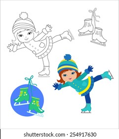 Funny girl in winter clothes on skates isolated on a white background. Coloring pages.Great illustration for school books, magazines, advertising and more. VECTOR.