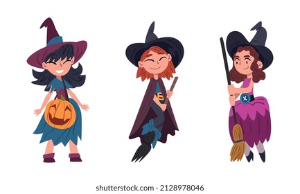 Funny Girl Witch Wearing Pointed Hat Holding Broom Vector Set