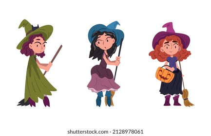 Funny Girl Witch Wearing Pointed Hat Holding Broom Vector Set