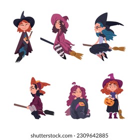 Funny Girl Witch Wearing Pointed Hat Holding Broom Vector Set