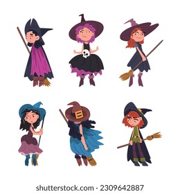 Funny Girl Witch Wearing Pointed Hat Holding Broom Vector Set