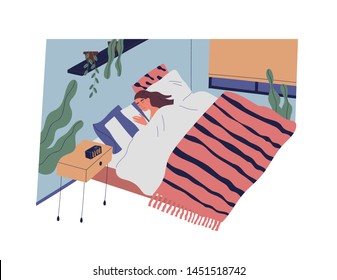 Funny girl or woman sleeping in bedroom at night. Female character lying in comfy bed and falling asleep. Repose and relaxation in everyday life. Colorful vector illustration in flat cartoon style.