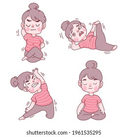 Funny girl yoga cartoon illustration collection design of vector.