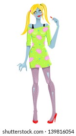 Funny girl zombie with lipstick in hand. Vector illustration