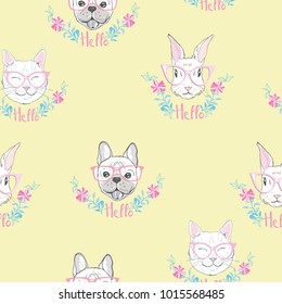 Funny girlish seamless pattern with cute kitty, dog, rabbit, faces.