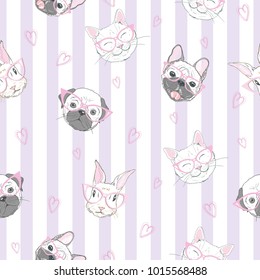 Funny girlish seamless pattern with cute kitty, dog, rabbit, faces.