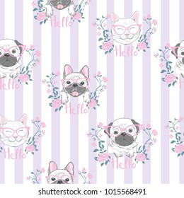 Funny girlish seamless pattern with cute kitty, dog, rabbit, faces.