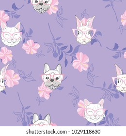 Funny girlish seamless pattern with cute kitty, dog, rabbit, faces.