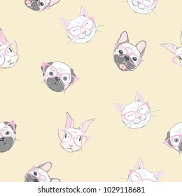 Funny girlish seamless pattern with cute kitty, dog, rabbit, faces.