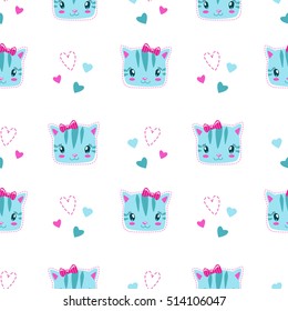 Funny girlish seamless pattern with cute kitty faces and hearts. Vector texture for textile design.