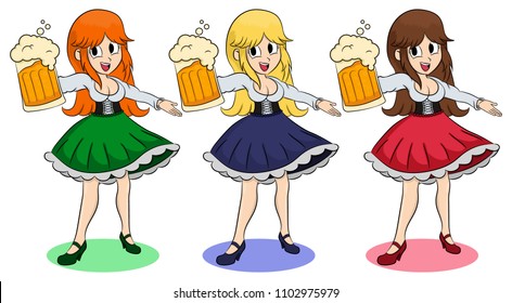 Funny girls with a different color hair and skirt keep the beer. Invites You Enter. Illustration of German girl serving beer. Blonde, brunette, redhead. Pretty Bavarian girl with beer. Oktoberfest.