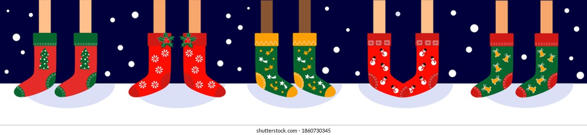 Funny girls feet in Christmas socks. Set of five pairs warm wool cozy handmade socks. Cute footwear. Winter holiday concept. Colorful vector illustration.