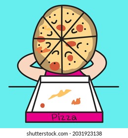Funny Girl's Head Become Pizza After Eating It All Concept Card Character illustration