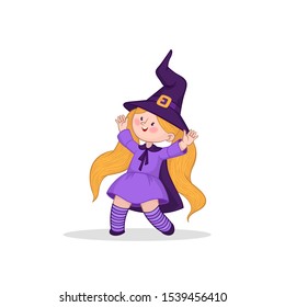 Funny girls on white background. Little witch vector character. Halloween kids costume party.