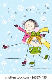 Funny girls on winter background