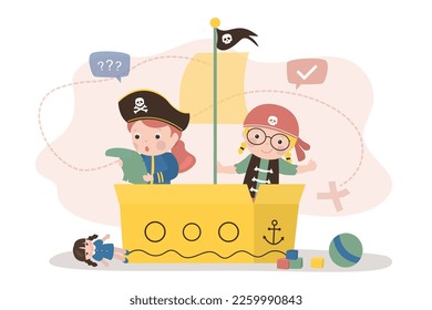 Funny girls playing pirates. Cute children sitting in cardboard box like in pirate ship. Preschooler girls dressed as pirates. Little sailors, kids game, imagination. Entertainment, friendship concept