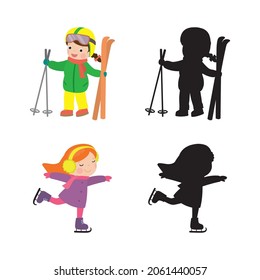 Niñas divertidas - patinador y esquiador aislado de fondo blanco. Niños de dibujos animados van a los deportes de invierno. Conjunto de niños con siluetas negras. Actividades de invierno. Ilustración vectorial plana