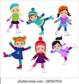 Funny girls in winter clothes ice skating isolated on white background .