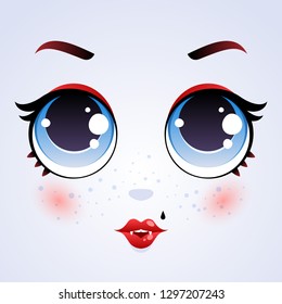 Funny girly doll face. Kawaii avatar vector.