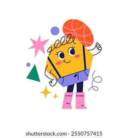 Engraçado personagem feminino em forma de hexágono. Personagem geométrico mascote vestindo wellingtons e terno com alças. Personagem de desenho animado vetorial, adesivo ou emoji. Criatura bonita, emoticon de geometria