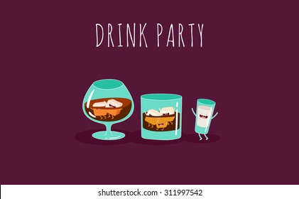 Funny glass of alcohol brandy, whiskey, vodka. Vector illustration. Use for the menu, in the shop, in the bar, the card or stickers. Easy to edit.