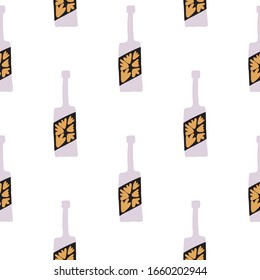 Gracioso patrón transparente en el fondo blanco. Botellas de alcohol en forma de doodle. Diseño para tela, impresión textil, papel envolvente. Ilustración vectorial creativa