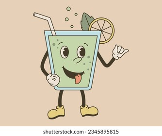 Funny glass with a cocktail in old cartoon style. Groovy mojito drink with lime and drinking straws. Vector isolated cheerful retro character.