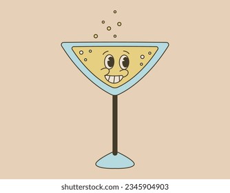 Funny glass with a cocktail in old cartoon style. Groovy alcoholic drink with bubbles. Vector isolated cheerful retro character.