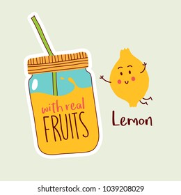 Funny glass of lemon cocktail. Cute cartoon lemon. Vector illustration.